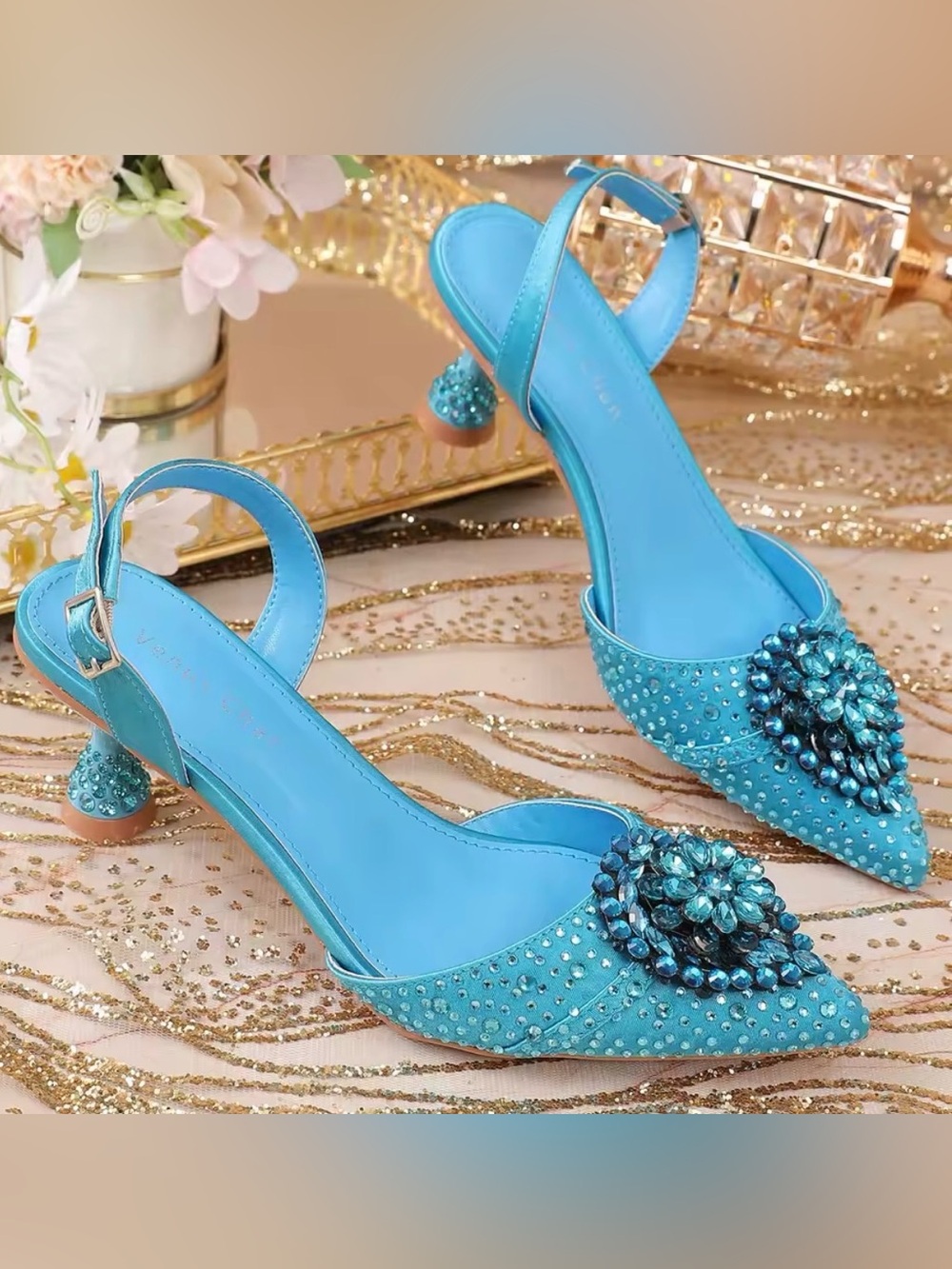 Blue Crystal-Embellished Pointed Toe Slingback Heels